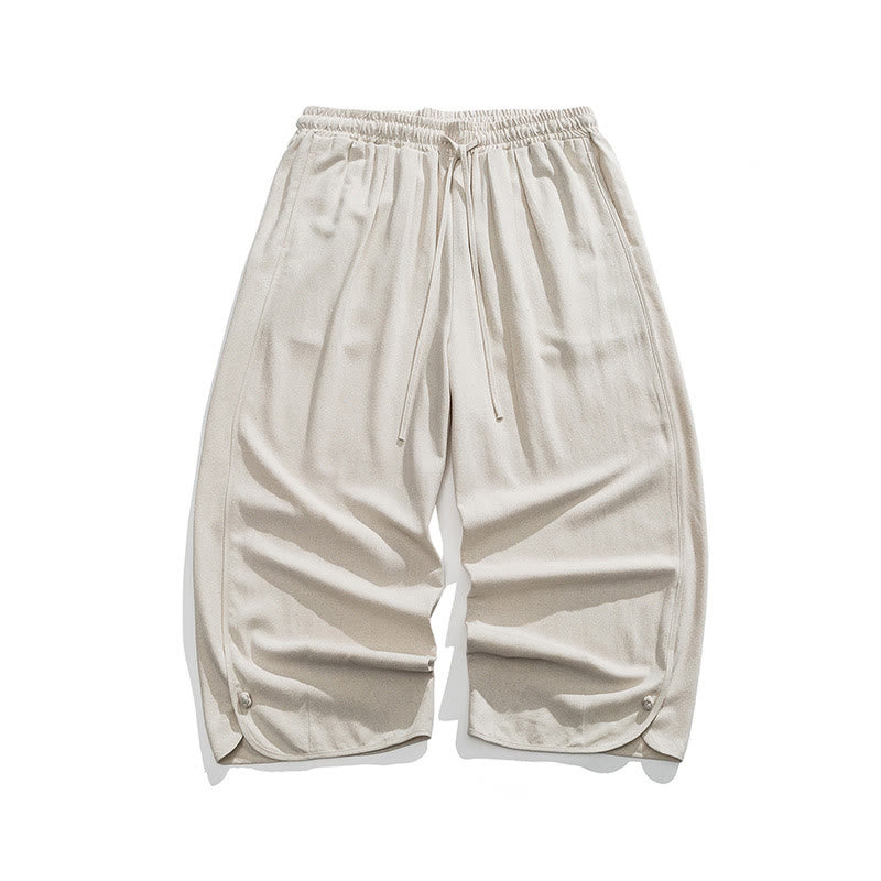 Nimara Ritual Casual Loose Frog-Button Plain Men's Cotton Linen 7-8 Length Pants With Pockets