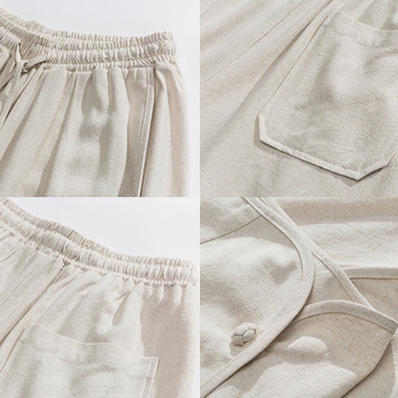 Nimara Ritual Casual Loose Frog-Button Plain Men's Cotton Linen 7-8 Length Pants With Pockets