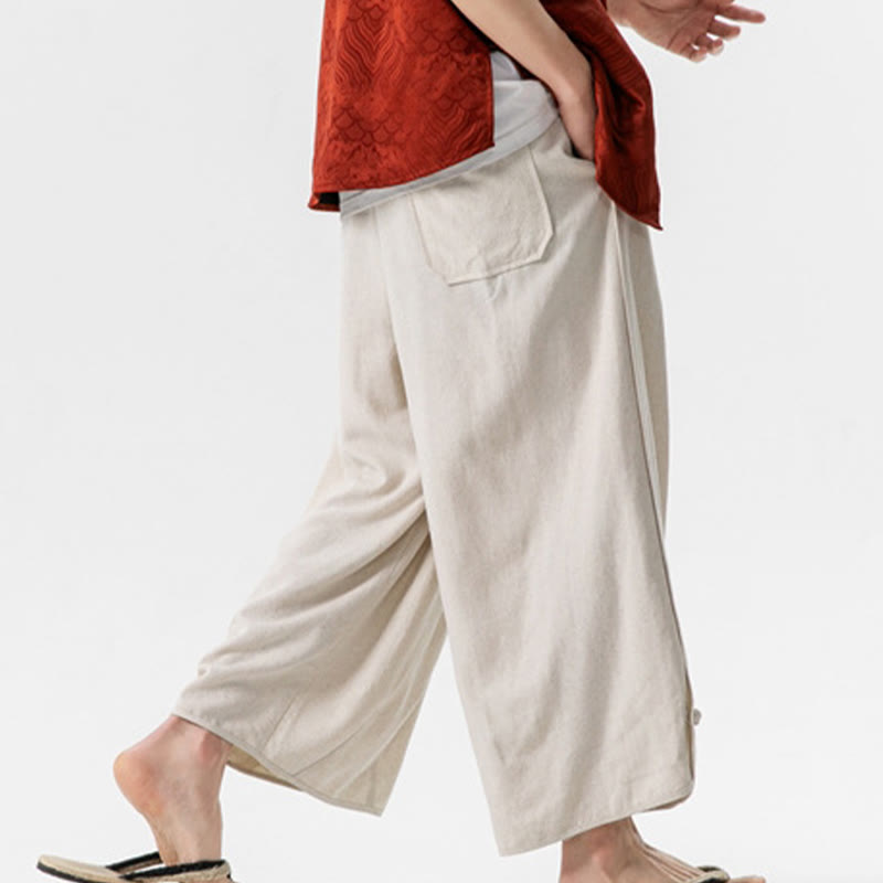 Nimara Ritual Casual Loose Frog-Button Plain Men's Cotton Linen 7-8 Length Pants With Pockets