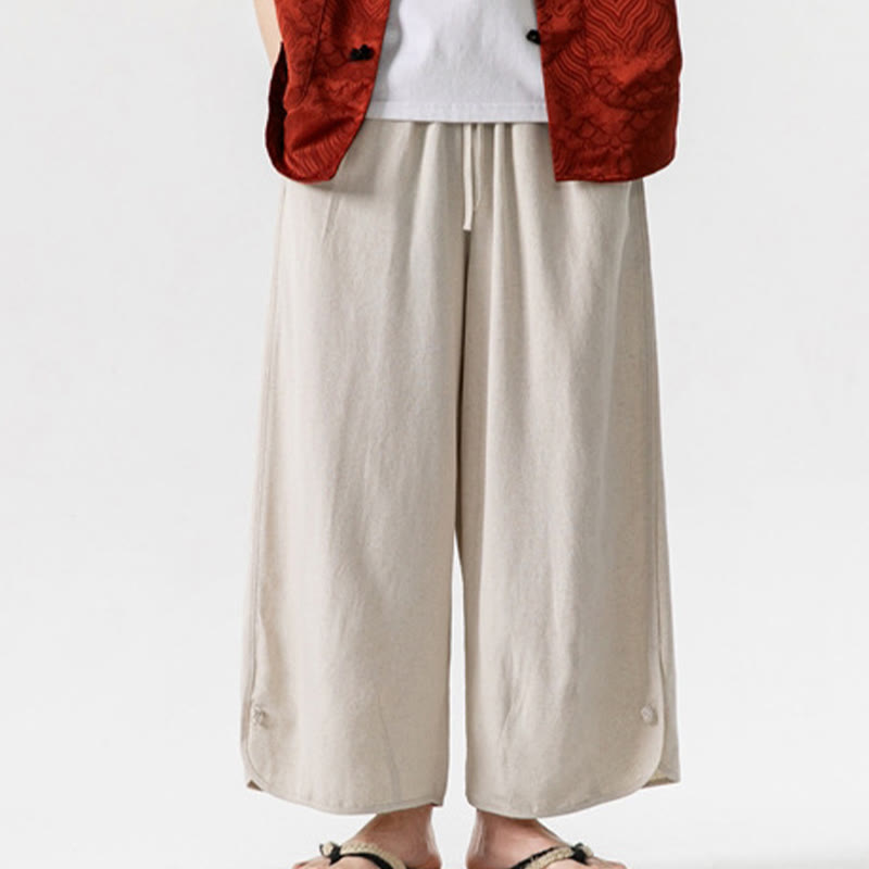 Nimara Ritual Casual Loose Frog-Button Plain Men's Cotton Linen 7-8 Length Pants With Pockets