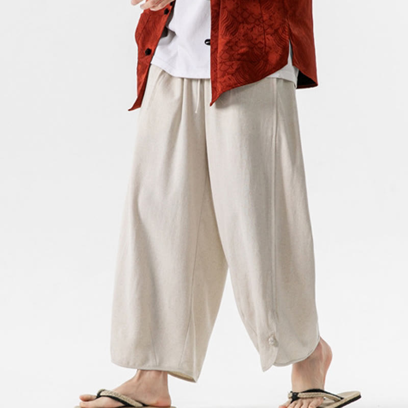 Nimara Ritual Casual Loose Frog-Button Plain Men's Cotton Linen 7-8 Length Pants With Pockets