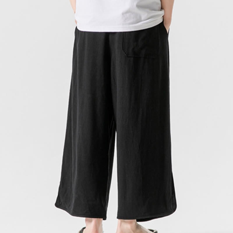 Nimara Ritual Casual Loose Frog-Button Plain Men's Cotton Linen 7-8 Length Pants With Pockets
