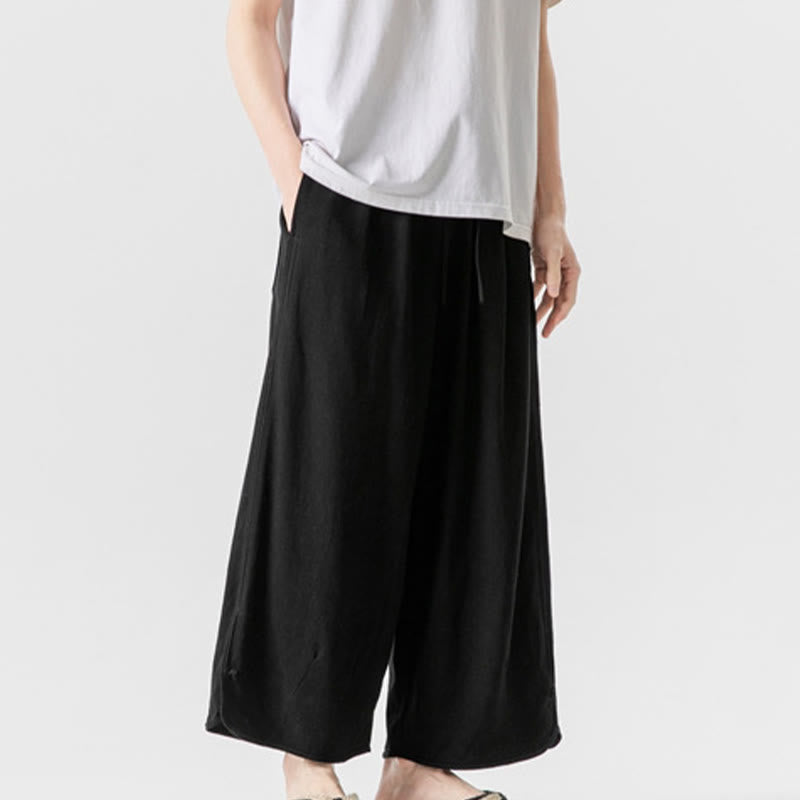 Nimara Ritual Casual Loose Frog-Button Plain Men's Cotton Linen 7-8 Length Pants With Pockets