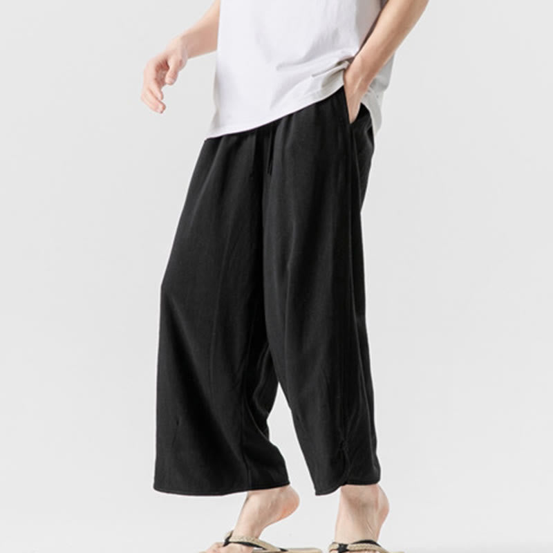Nimara Ritual Casual Loose Frog-Button Plain Men's Cotton Linen 7-8 Length Pants With Pockets