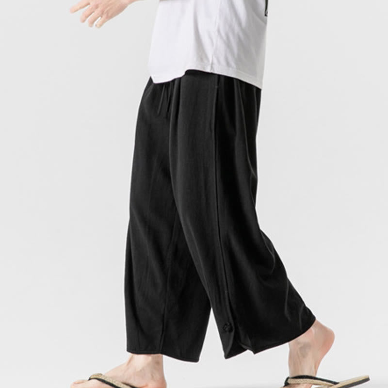 Nimara Ritual Casual Loose Frog-Button Plain Men's Cotton Linen 7-8 Length Pants With Pockets