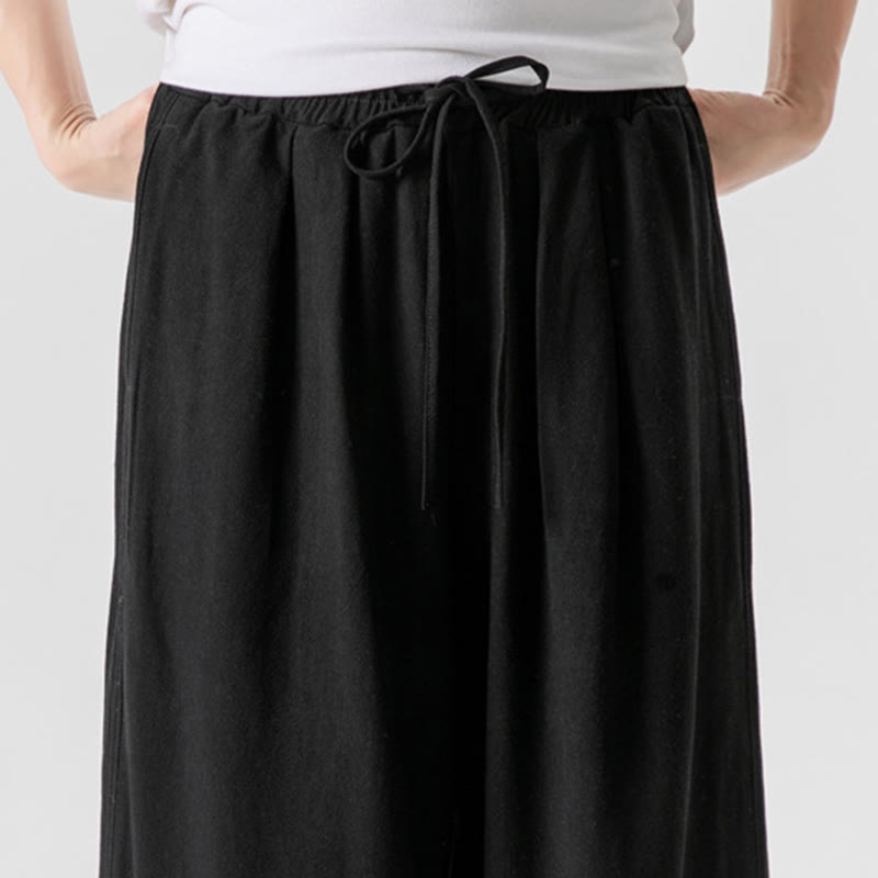 Nimara Ritual Casual Loose Frog-Button Plain Men's Cotton Linen 7-8 Length Pants With Pockets