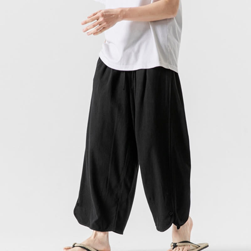Nimara Ritual Casual Loose Frog-Button Plain Men's Cotton Linen 7-8 Length Pants With Pockets