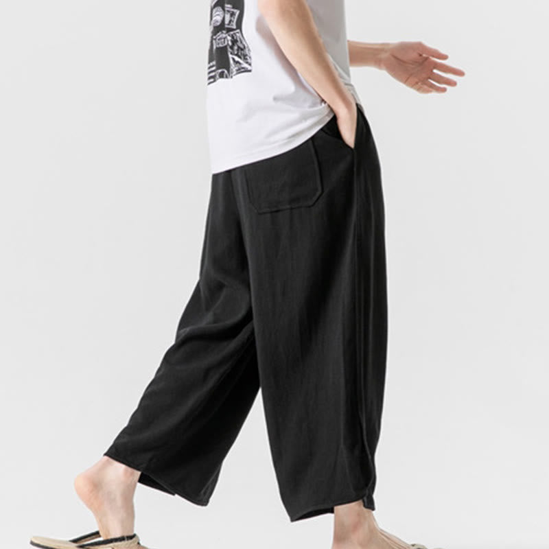 Nimara Ritual Casual Loose Frog-Button Plain Men's Cotton Linen 7-8 Length Pants With Pockets