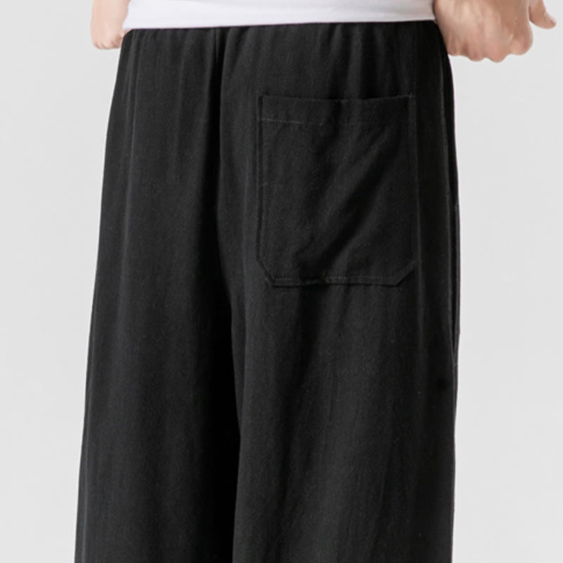 Nimara Ritual Casual Loose Frog-Button Plain Men's Cotton Linen 7-8 Length Pants With Pockets