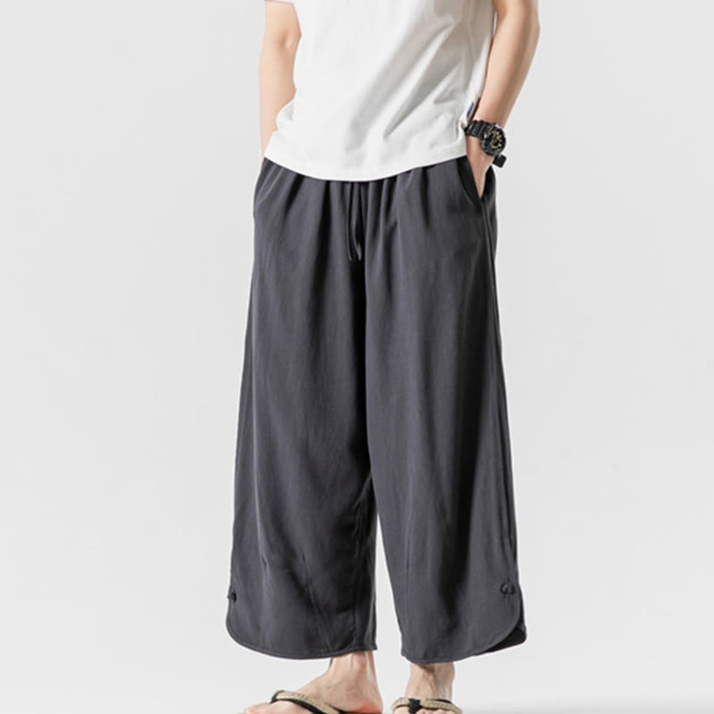 Nimara Ritual Casual Loose Frog-Button Plain Men's Cotton Linen 7-8 Length Pants With Pockets