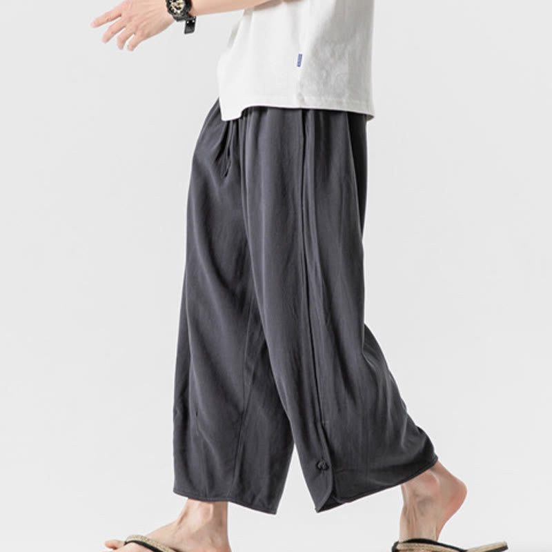 Nimara Ritual Casual Loose Frog-Button Plain Men's Cotton Linen 7-8 Length Pants With Pockets