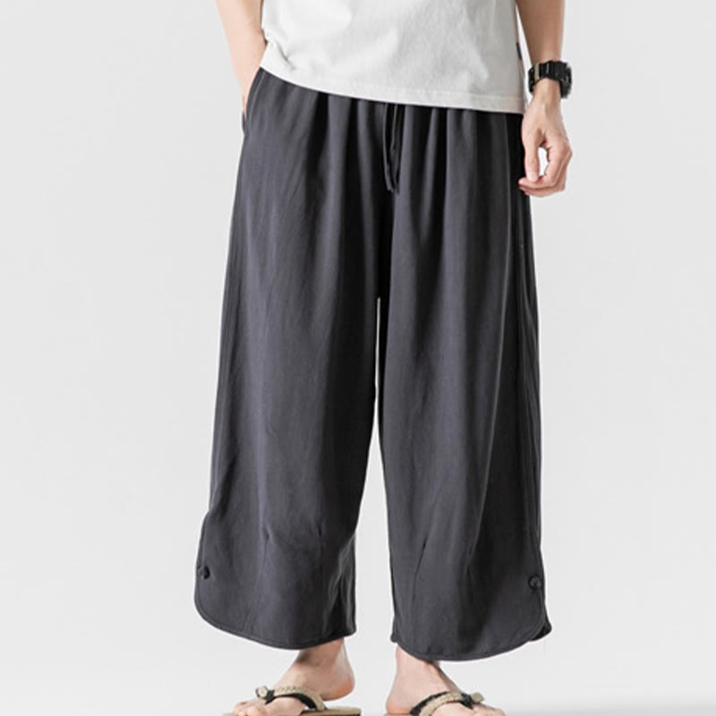 Nimara Ritual Casual Loose Frog-Button Plain Men's Cotton Linen 7-8 Length Pants With Pockets