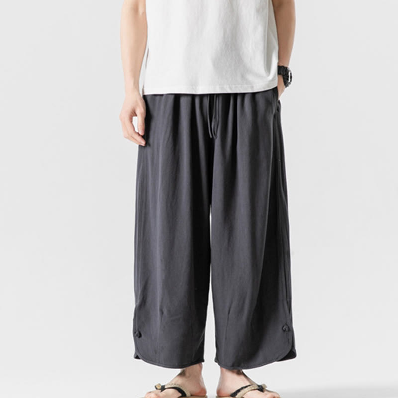 Nimara Ritual Casual Loose Frog-Button Plain Men's Cotton Linen 7-8 Length Pants With Pockets
