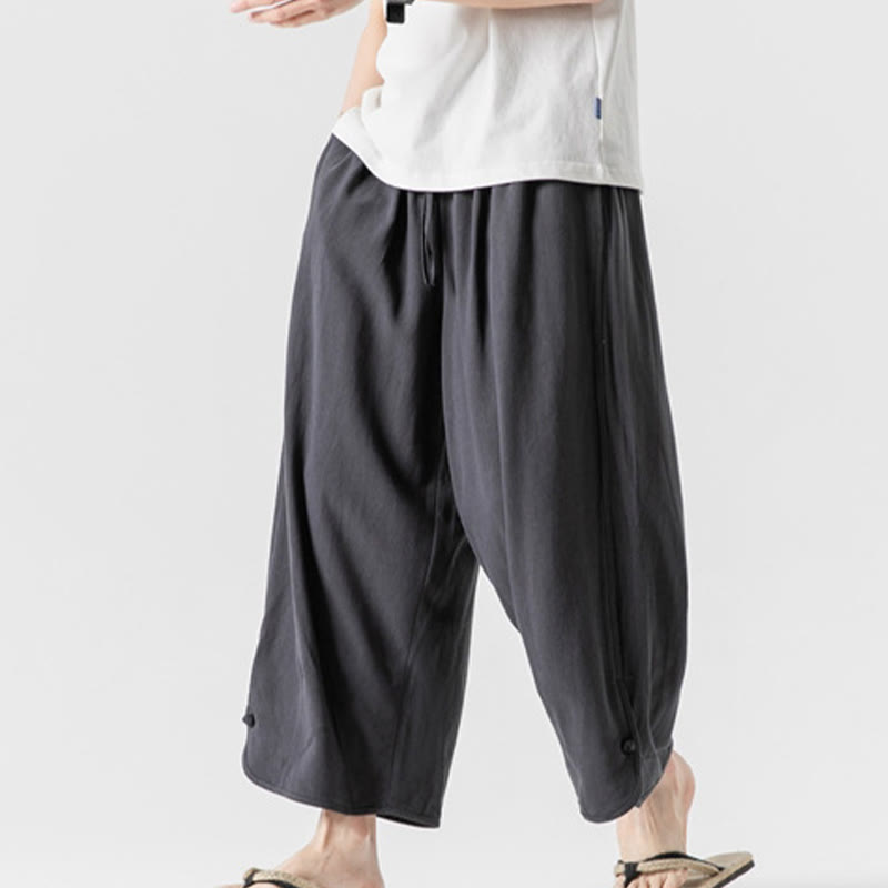 Nimara Ritual Casual Loose Frog-Button Plain Men's Cotton Linen 7-8 Length Pants With Pockets