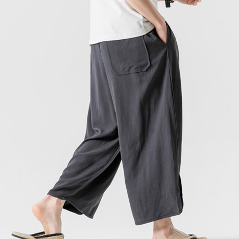 Nimara Ritual Casual Loose Frog-Button Plain Men's Cotton Linen 7-8 Length Pants With Pockets