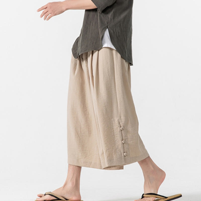 Nimara Ritual Casual Loose Frog-Button Plain Men's Cotton 7-8 Length Wide Leg Pants With Pockets