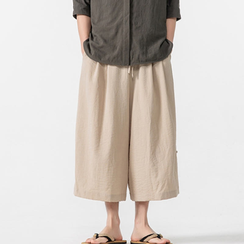 Nimara Ritual Casual Loose Frog-Button Plain Men's Cotton 7-8 Length Wide Leg Pants With Pockets
