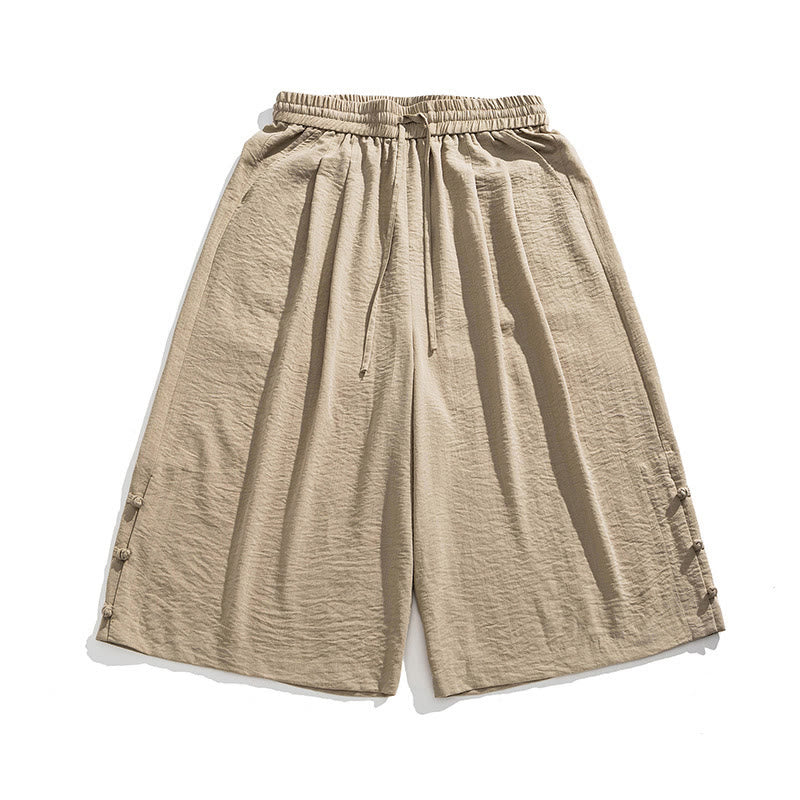 Nimara Ritual Casual Loose Frog-Button Plain Men's Cotton 7-8 Length Wide Leg Pants With Pockets