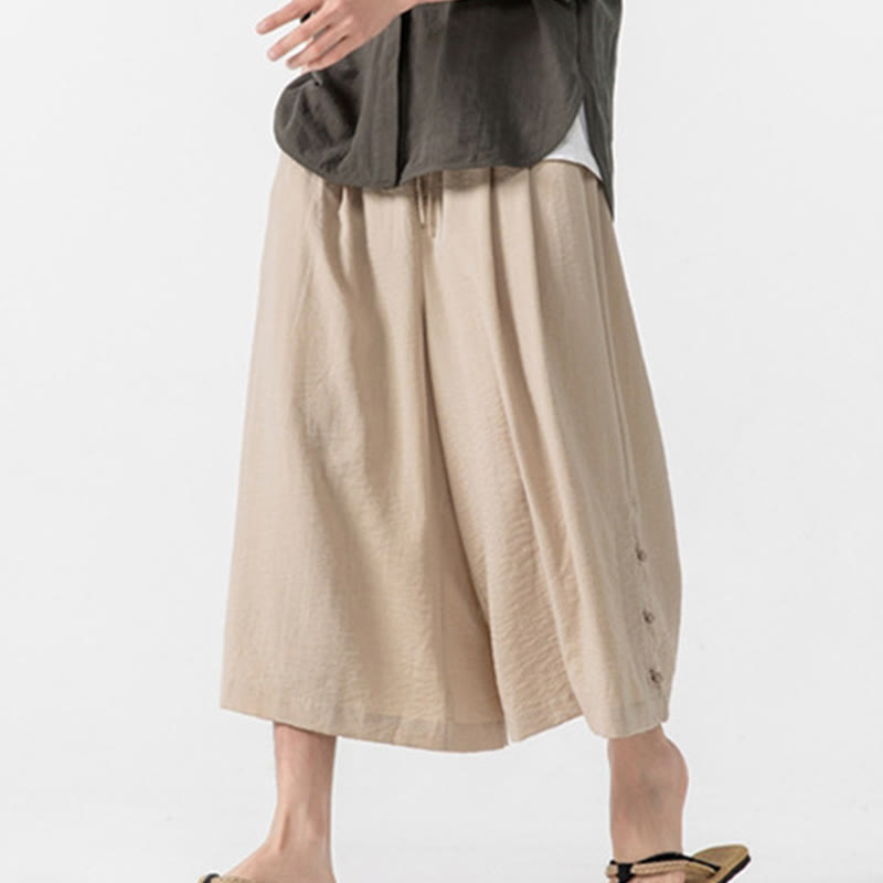 Nimara Ritual Casual Loose Frog-Button Plain Men's Cotton 7-8 Length Wide Leg Pants With Pockets