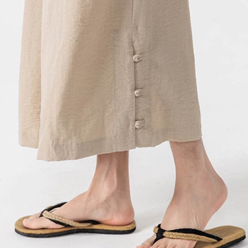 Nimara Ritual Casual Loose Frog-Button Plain Men's Cotton 7-8 Length Wide Leg Pants With Pockets
