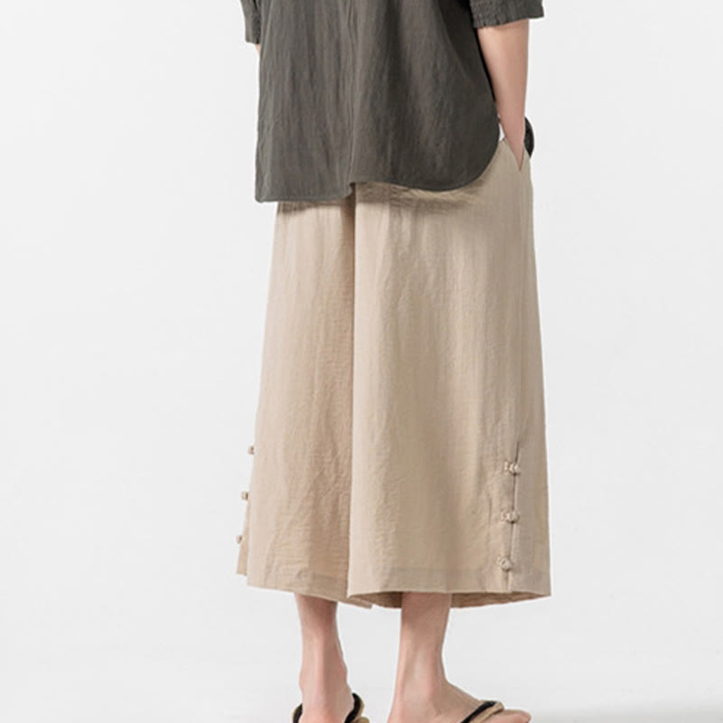 Nimara Ritual Casual Loose Frog-Button Plain Men's Cotton 7-8 Length Wide Leg Pants With Pockets