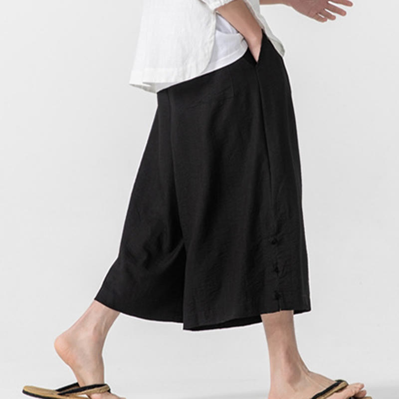 Nimara Ritual Casual Loose Frog-Button Plain Men's Cotton 7-8 Length Wide Leg Pants With Pockets