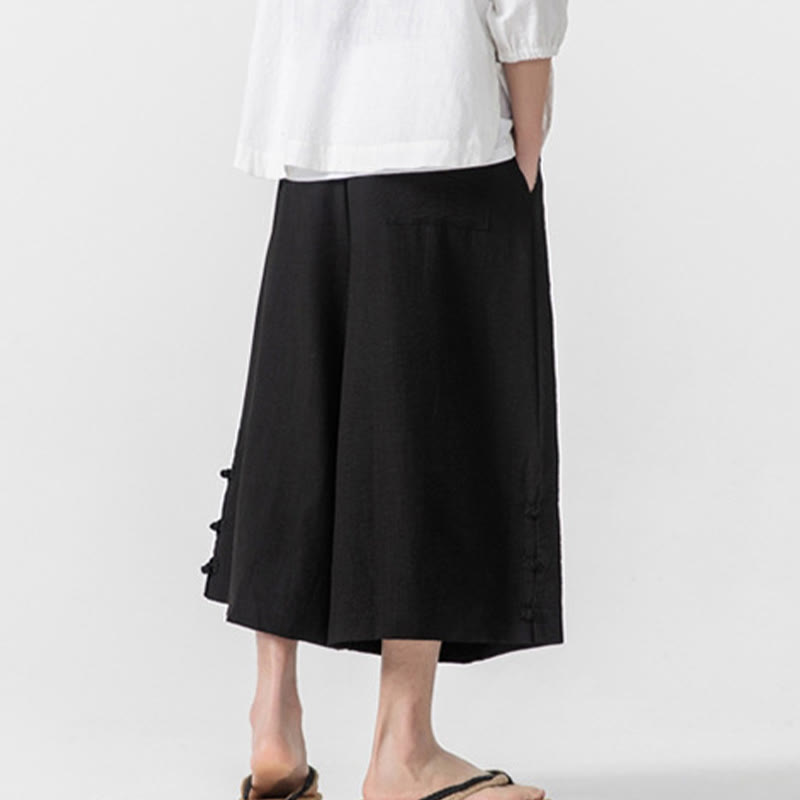 Nimara Ritual Casual Loose Frog-Button Plain Men's Cotton 7-8 Length Wide Leg Pants With Pockets