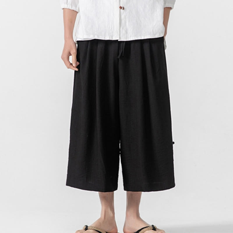 Nimara Ritual Casual Loose Frog-Button Plain Men's Cotton 7-8 Length Wide Leg Pants With Pockets