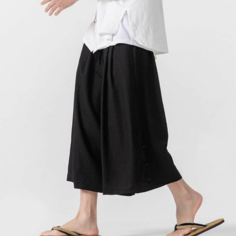 Nimara Ritual Casual Loose Frog-Button Plain Men's Cotton 7-8 Length Wide Leg Pants With Pockets