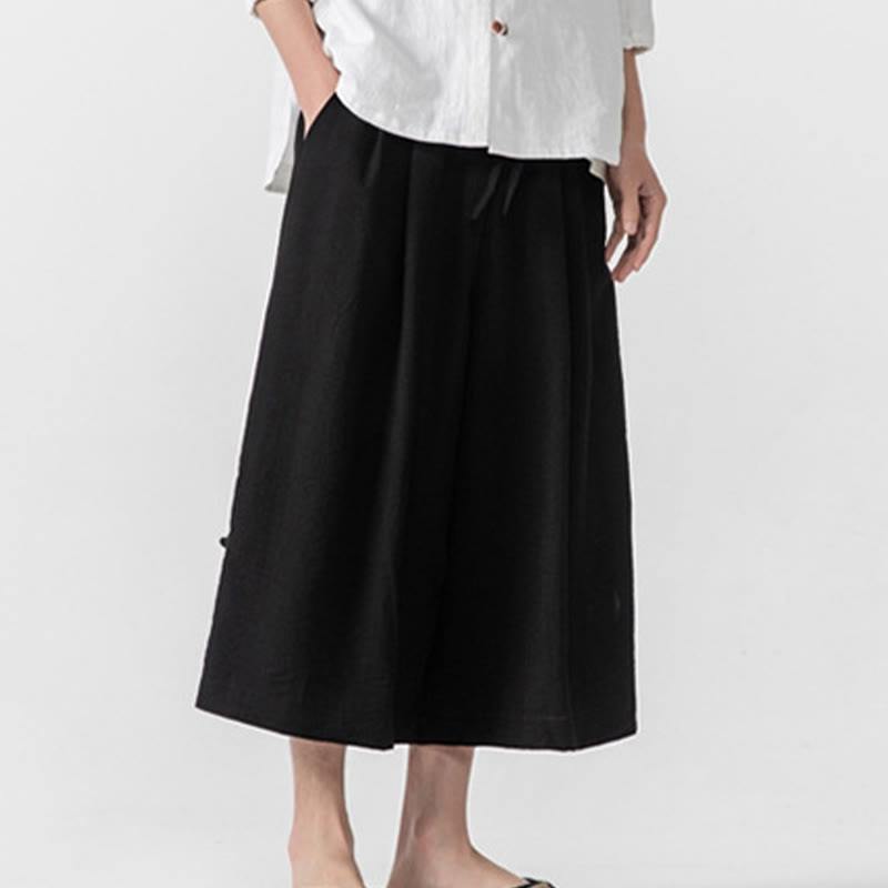 Nimara Ritual Casual Loose Frog-Button Plain Men's Cotton 7-8 Length Wide Leg Pants With Pockets