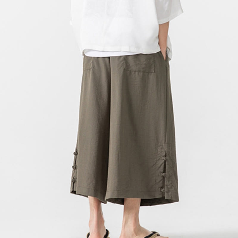 Nimara Ritual Casual Loose Frog-Button Plain Men's Cotton 7-8 Length Wide Leg Pants With Pockets