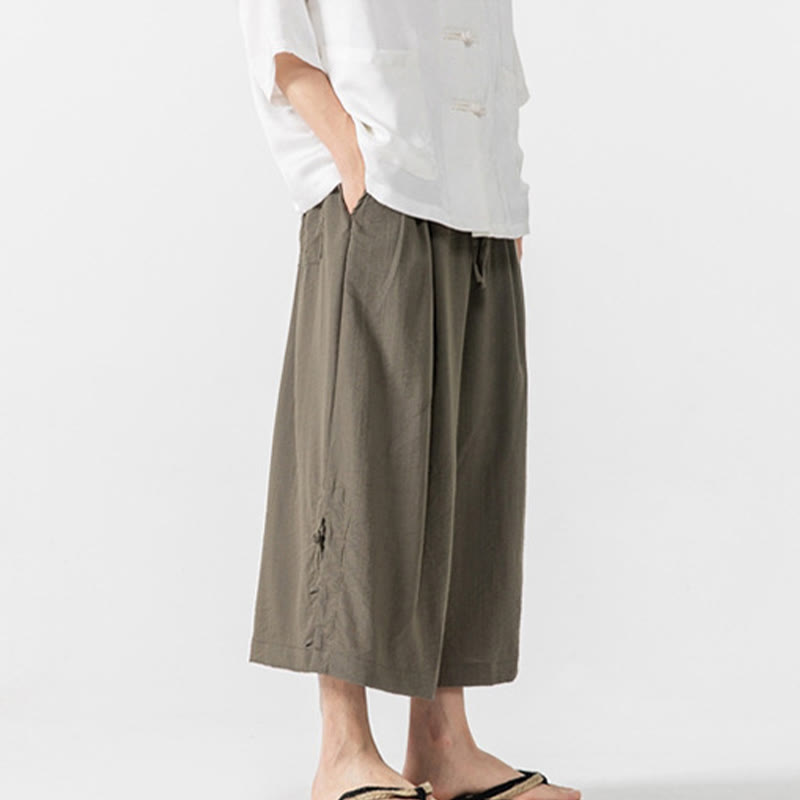 Nimara Ritual Casual Loose Frog-Button Plain Men's Cotton 7-8 Length Wide Leg Pants With Pockets