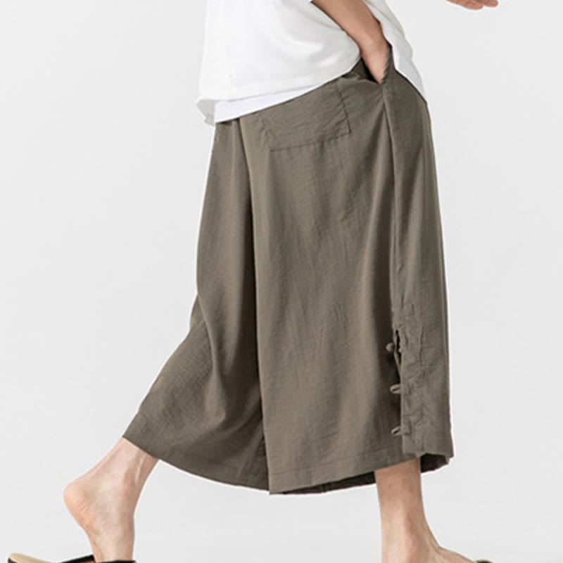 Nimara Ritual Casual Loose Frog-Button Plain Men's Cotton 7-8 Length Wide Leg Pants With Pockets