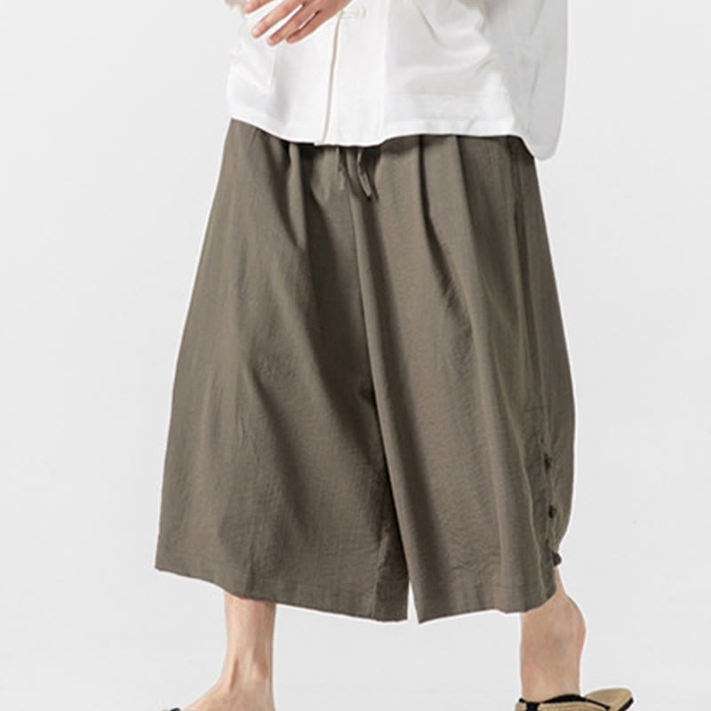 Nimara Ritual Casual Loose Frog-Button Plain Men's Cotton 7-8 Length Wide Leg Pants With Pockets