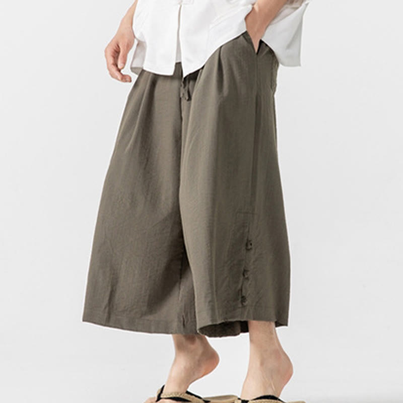 Nimara Ritual Casual Loose Frog-Button Plain Men's Cotton 7-8 Length Wide Leg Pants With Pockets