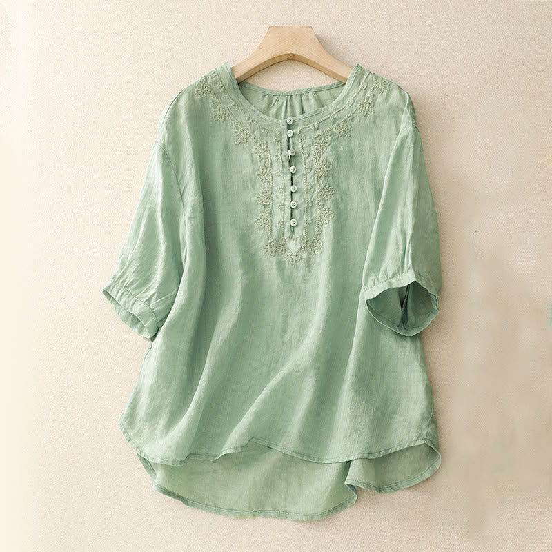 Nimara Ritual Line Embroidery Button Crew Neck Half Sleeve Women's Cotton Shirt