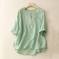 Nimara Ritual Line Embroidery Button Crew Neck Half Sleeve Women's Cotton Shirt