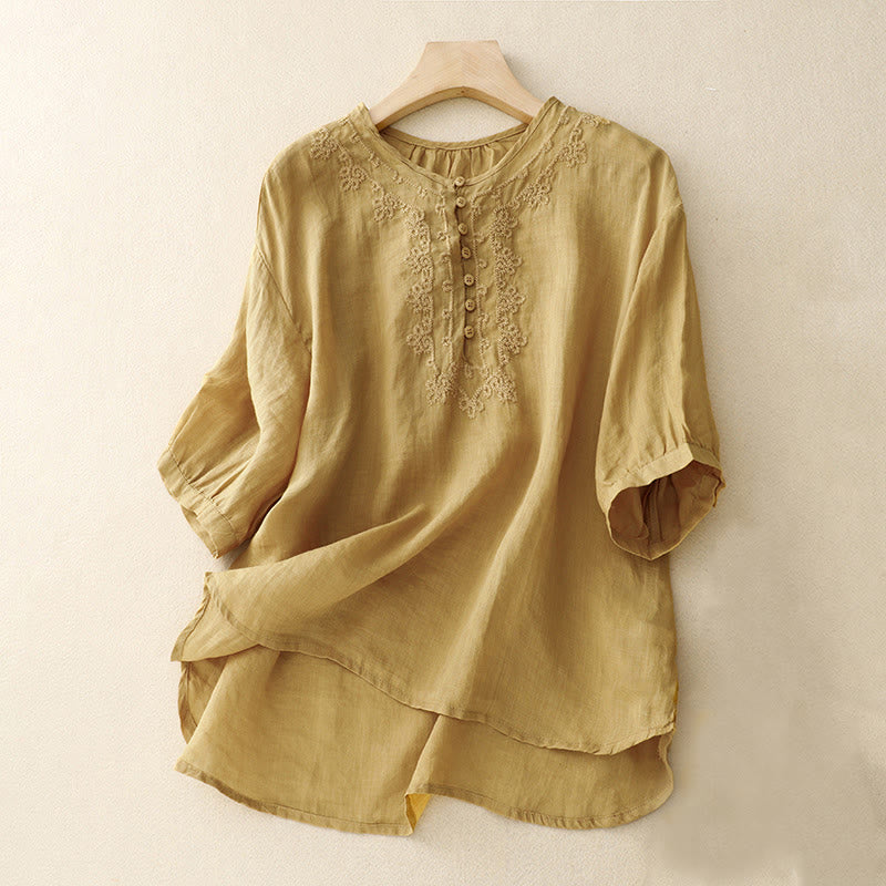 Nimara Ritual Line Embroidery Button Crew Neck Half Sleeve Women's Cotton Shirt
