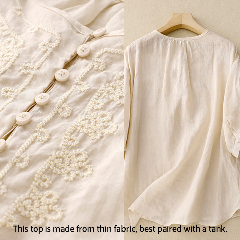 Nimara Ritual Line Embroidery Button Crew Neck Half Sleeve Women's Cotton Shirt