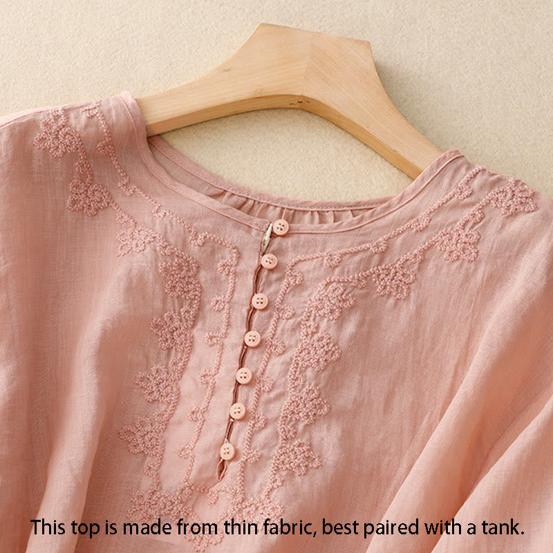 Nimara Ritual Line Embroidery Button Crew Neck Half Sleeve Women's Cotton Shirt
