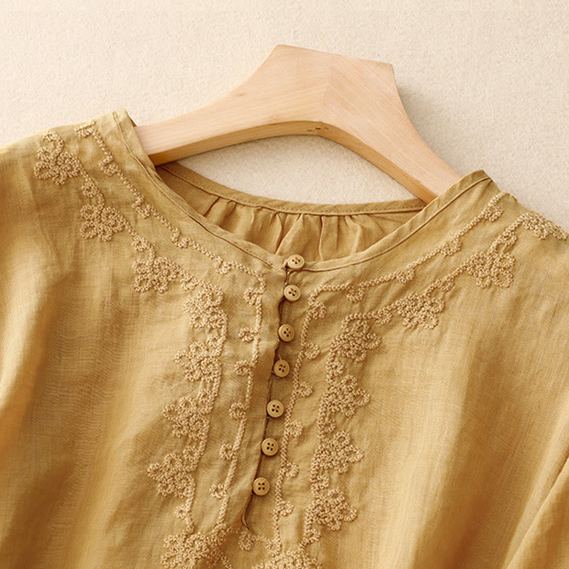 Nimara Ritual Line Embroidery Button Crew Neck Half Sleeve Women's Cotton Shirt
