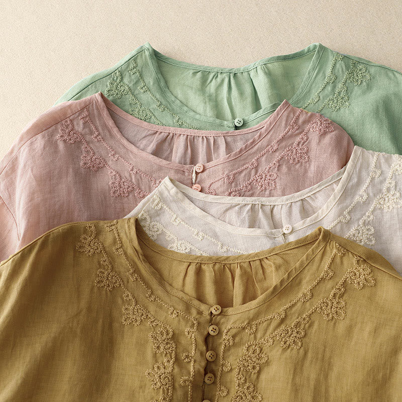 Nimara Ritual Line Embroidery Button Crew Neck Half Sleeve Women's Cotton Shirt