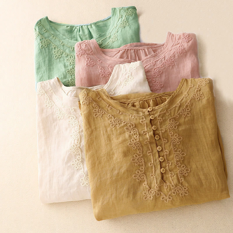 Nimara Ritual Line Embroidery Button Crew Neck Half Sleeve Women's Cotton Shirt