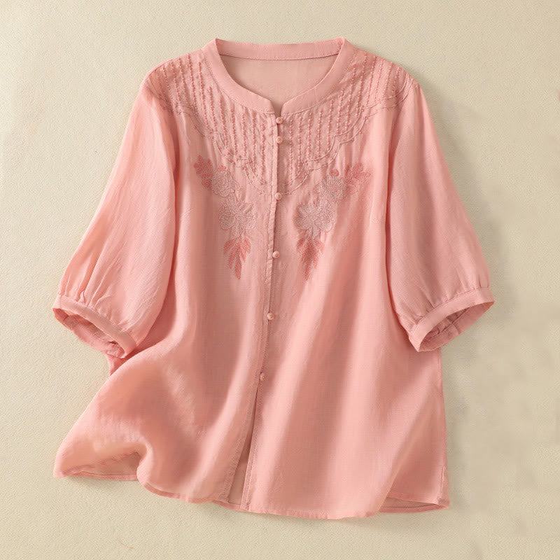 Nimara Ritual Rose Floral Embroidery Button Half Sleeve Women's Cotton Shirt