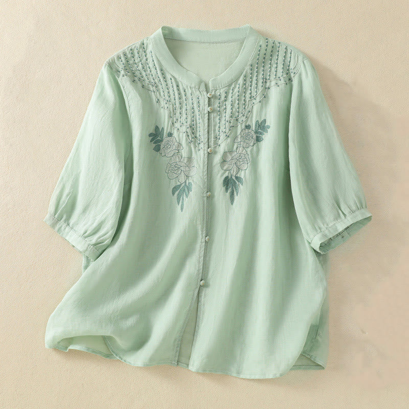 Nimara Ritual Rose Floral Embroidery Button Half Sleeve Women's Cotton Shirt