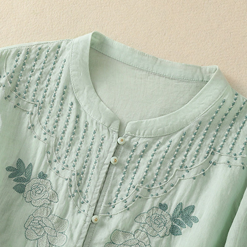 Nimara Ritual Rose Floral Embroidery Button Half Sleeve Women's Cotton Shirt