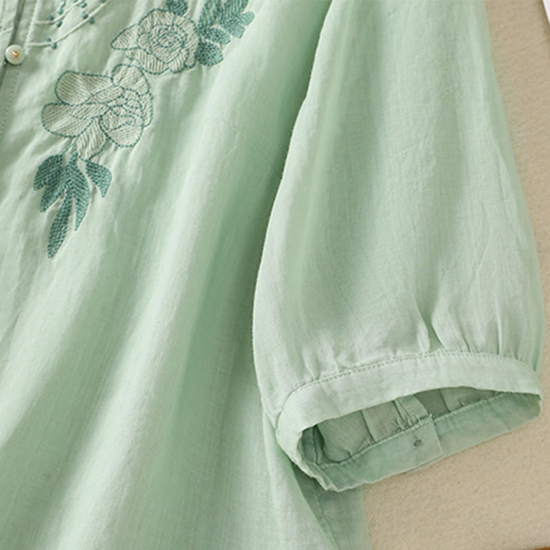Nimara Ritual Rose Floral Embroidery Button Half Sleeve Women's Cotton Shirt