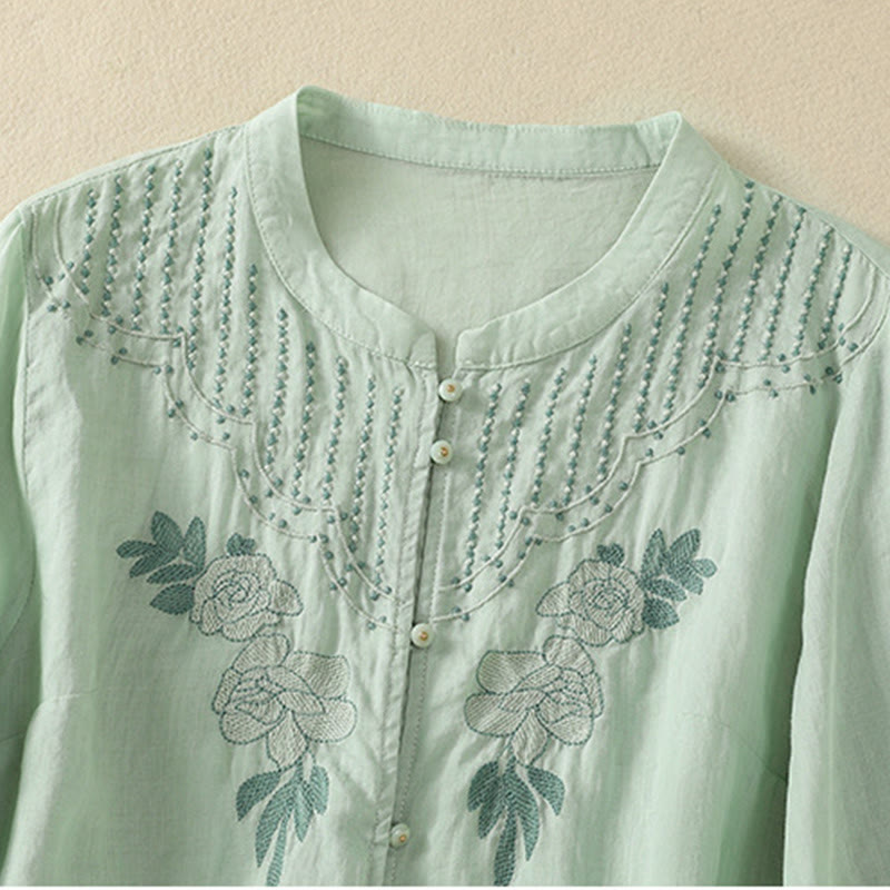 Nimara Ritual Rose Floral Embroidery Button Half Sleeve Women's Cotton Shirt