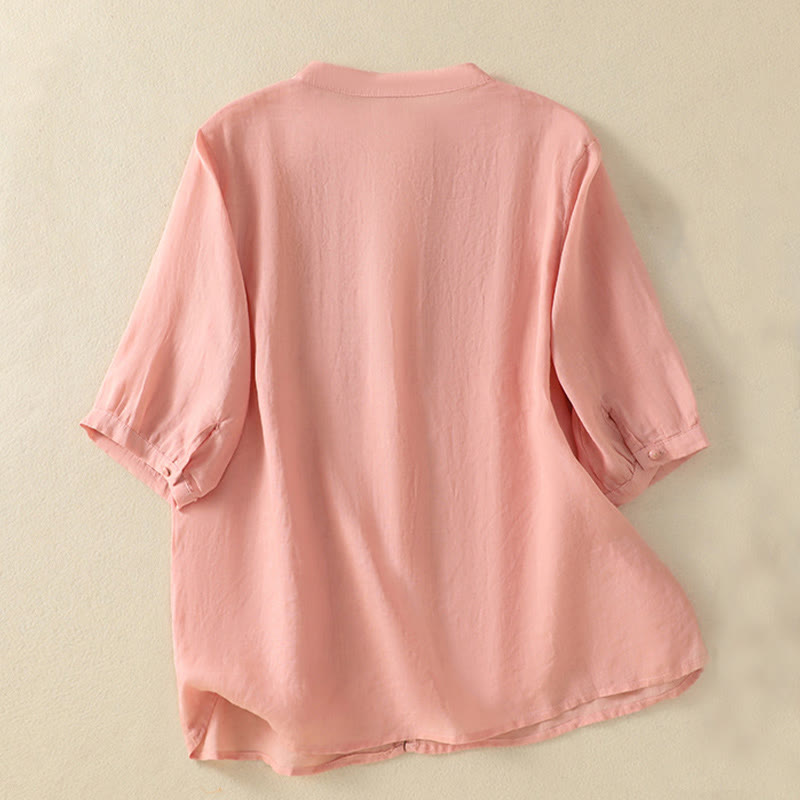 Nimara Ritual Rose Floral Embroidery Button Half Sleeve Women's Cotton Shirt