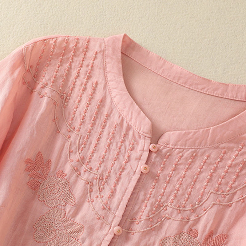 Nimara Ritual Rose Floral Embroidery Button Half Sleeve Women's Cotton Shirt